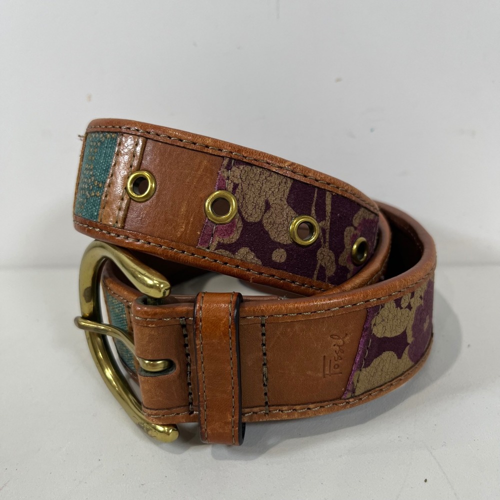 Vintage Fossil Patchwork Belt Women Small Brown Leather Studded Boho Y2K 90s